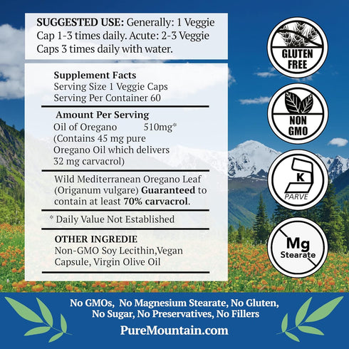 Pure Mountain Botanicals Wild Oregano Oil Capsules, 60 Kosher Vegan Caps, 510mg Mediterranean Oil