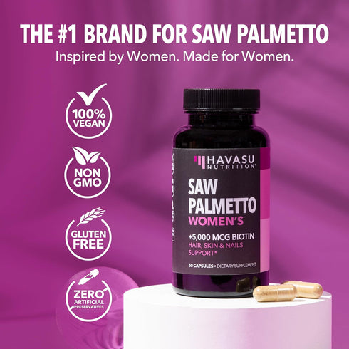 Saw Palmetto for Women + 5000 mcg Biotin Supplement, DHT Blocker for Hair Health, Month Supply Vegan Women's Vitamins