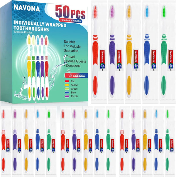 50 PCS Individually Wrapped Bulk Toothbrushes with Toothpastes, Colorful Manual Disposable for Adults & Kids