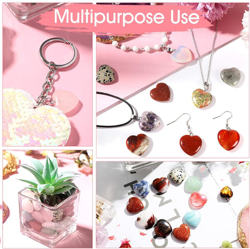 Fumete 60 Pieces Mini Natural Heart Stone - 20mm Pocket Heart Love Carved Chakra Reiki Energy Balancing Stones