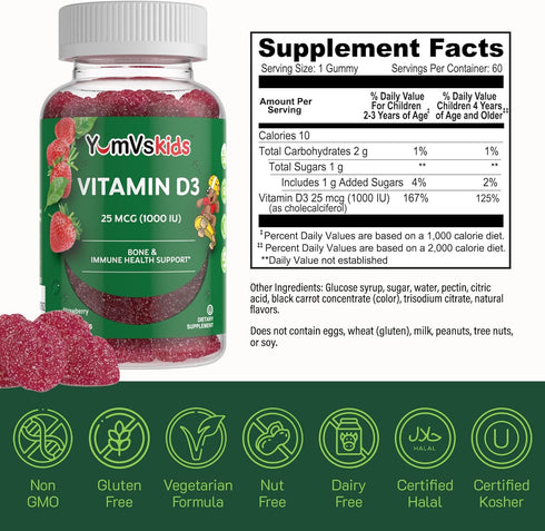 YUM-V's Chewable Vitamin D Gummies for Kids, 1000 IU, 60 Count - Immune Support