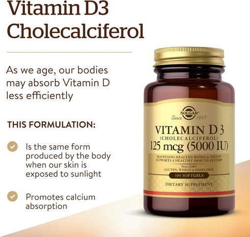 Solgar Vitamin D3 (Cholecalciferol) 125 mcg (5000 IU) - 100 Softgels, Non-GMO, Gluten Free, Immune System Support