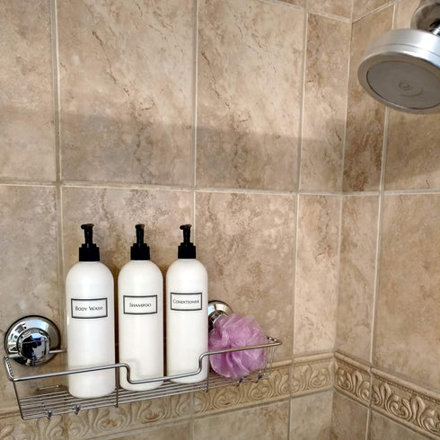 Silkscreened Empty Shower Bottle Set, 3-Pack, 16 oz Cosmo/Bullet, for Shampoo, Conditioner, Body Wash, White