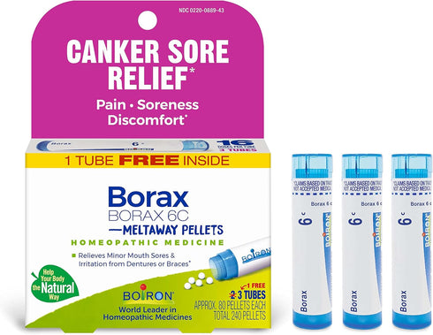 Boiron Borax 6C Homeopathic Medicine for Canker Sore Relief, Pain, Soreness – 3 Count (240 Pellets)