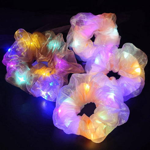 Light Up Scrunchies, LED Glow in the Dark Hair Ties for Neon Party, Fun Hair Accessories (4Pcs-Pink+brown)
