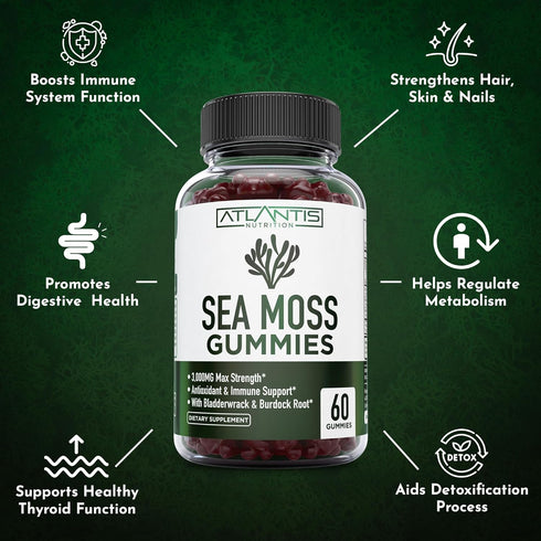 Irish Sea Moss Gummies 3000MG - 60 Gummies with Irish Sea Moss, Bladderwrack & Burdock Root for Essential Vitamins