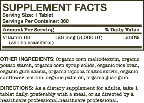 Futurebiotics Vitamin D3 5,000 IU (125 MCG), 360 Organic Tablets, Supports Healthy Immune Response, 1 Year Supply