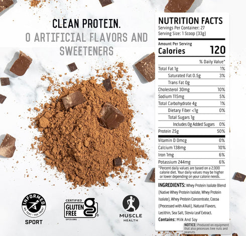 Ascent 100% Whey Protein Powder - Post Workout Whey Protein Isolate, Gluten Free, Chocolate, 2 lb
