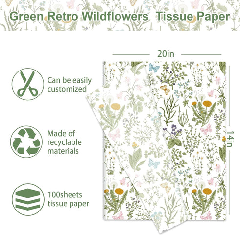 JarThenaAMCS 100 Sheets Vintage Wildflower Tissue Paper Wild Floral Art Tissue Spring Wrapping Paper for Birthday Wedding DIY Crafts Gift Packing, 20 x 14 Inch by JarThenaAMCS