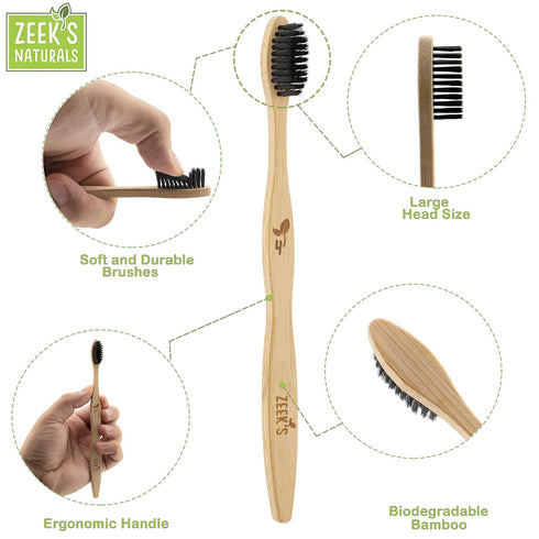 Zeek's Naturals LLC Pack 4 Biodegradable Eco-Friendly Natural Bamboo Charcoal Toothbrushes - of - Numbered - Charcoal