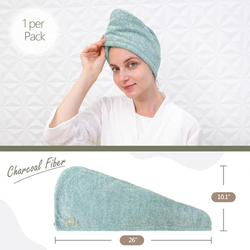 myHomeBody Hair Towel Wrap, Luxury Quick Drying Turban, Ultra Soft Absorbent Charcoal Fiber Cap, Pine Green with