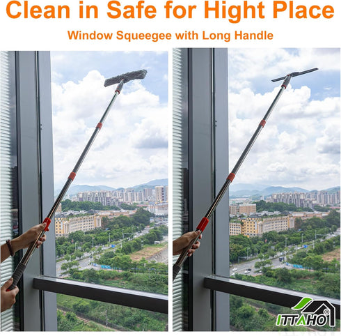 ITTAHO Squeegee for Window Cleaning,12" Squeegee and 11" Microfiber Scrubber Combo with Stainless Steel Pole,Extendable Squeegee Window Cleaner for Car,Sliding Door,Shower Glass, Door-Orange by ITTAHO