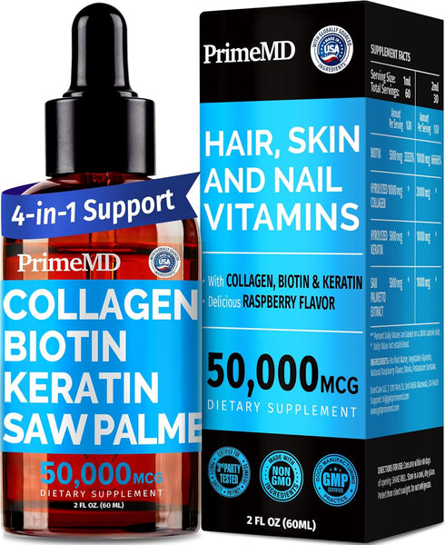 Liquid Collagen Peptides for Women - Complex with Biotin Vitamin, Hydrolyzed Keratin Protein & Saw Palmetto - 2fl oz