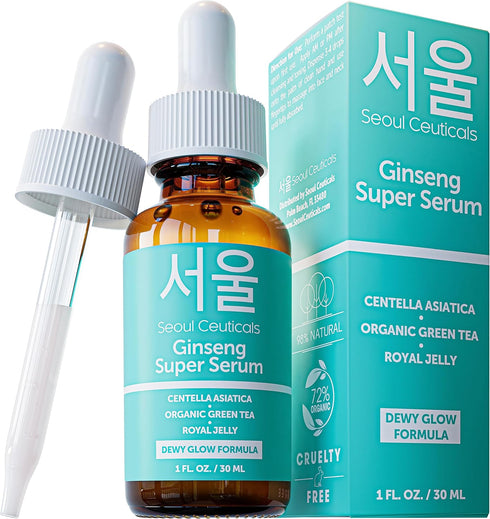 SeoulCeuticals Korean Skin Care Ginseng Serum - K Beauty with Green Tea + Centella + Royal Jelly - 1oz, Cruelty Free &
