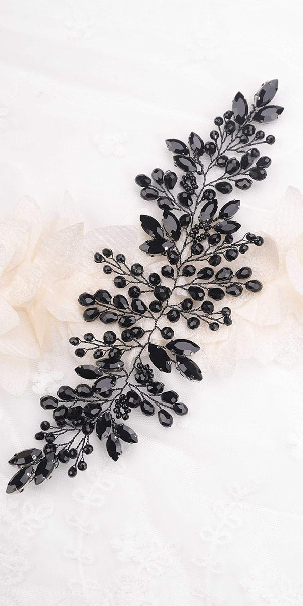 Kercisbeauty Black Crystal Hair Vine Gold Headband for Women Vintage Wedding Hair Piece