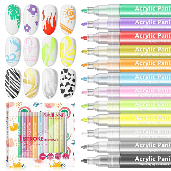 Saviland 12 Colors Nail Art Pens Set - 3D Nail Polish Pens, Acrylic Paint Pens for Drawing Painting Nail Art Design