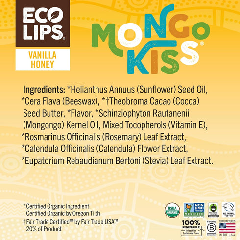 LIP BALM Mongo Kiss 6-Pack (6 tubes) Vanilla Honey by Eco Lips, 100% Organic Beeswax & Cocoa Butter