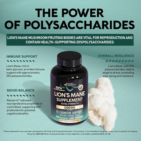 Organic Lion's Mane - 120 Capsules, 1200 mg for Memory & Focus, Made in USA, Fruiting Bodies Extract