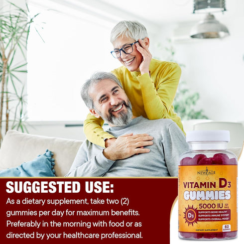 NEW AGE Vitamin D3 5000 IU 125mcg Gummies - Immune Support, Strong Bone Health - Non-GMO, Gluten-Free, Dairy-Free (180
