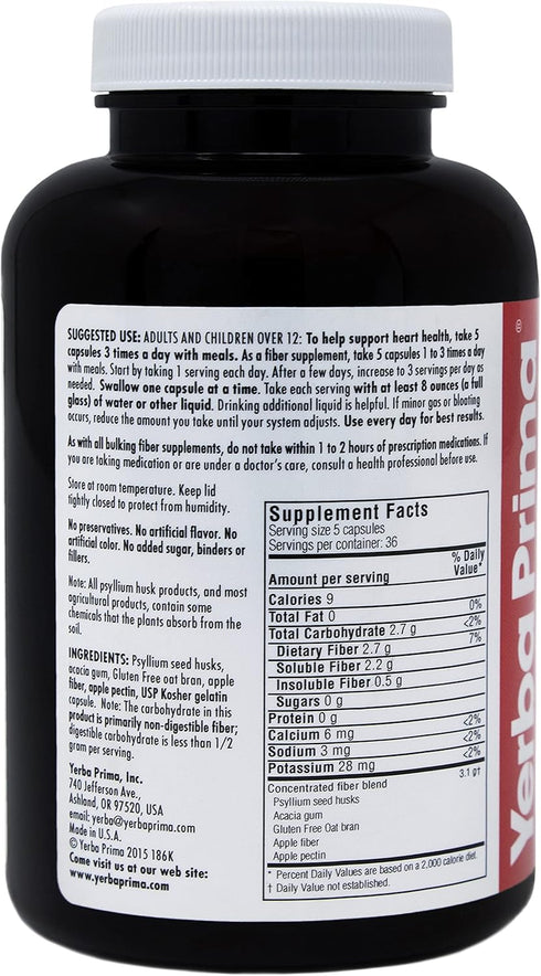 Yerba Prima Soluble Fiber Formula Capsules, 180 Count - Premium Gluten Free Dietary Fiber Supplement, Made in USA