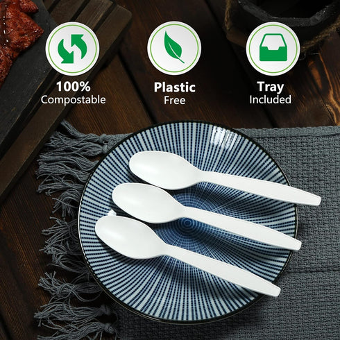 Compostable Spoon, 100 Biodegradable Silverware for Party, Large Disposable Utensil, Eco-Friendly Durable Heat Resistant