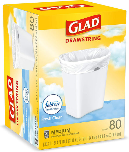 Glad 8 Gallon Medium Kitchen Drawstring Trash Bags, 80 Count White Mini Trash Bags, Fresh Clean Scent