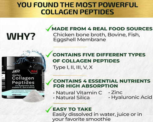 Collagen Peptides Powder with Vitamin C & Hyaluronic Acid, Hydrolyzed Multi Type I, II, III, V, X