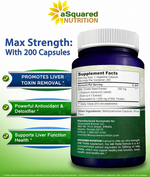 aSquared Nutrition 1000mg Milk Thistle Supplement - 200 Capsules, Max Strength 4X Concentrated Extract