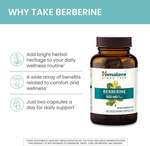 Himalaya Berberine for Metabolism & Cholesterol Support, GI & Immune Support, 1000 mg, Vegan, 60 Capsules