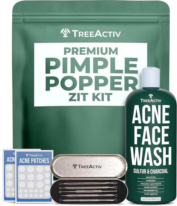 TreeActiv Professional Blackhead Remover Tool Kit with Face Wash, Acne Patches, Stainless Steel Extractor Tools for