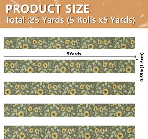 YKZEYK 1/2" 25 Ribbon for Gift Wrapping Flower Sunflowers Leaves Green Print Fabric Ribbon Yards, Gift Wrap Bow Ribbons