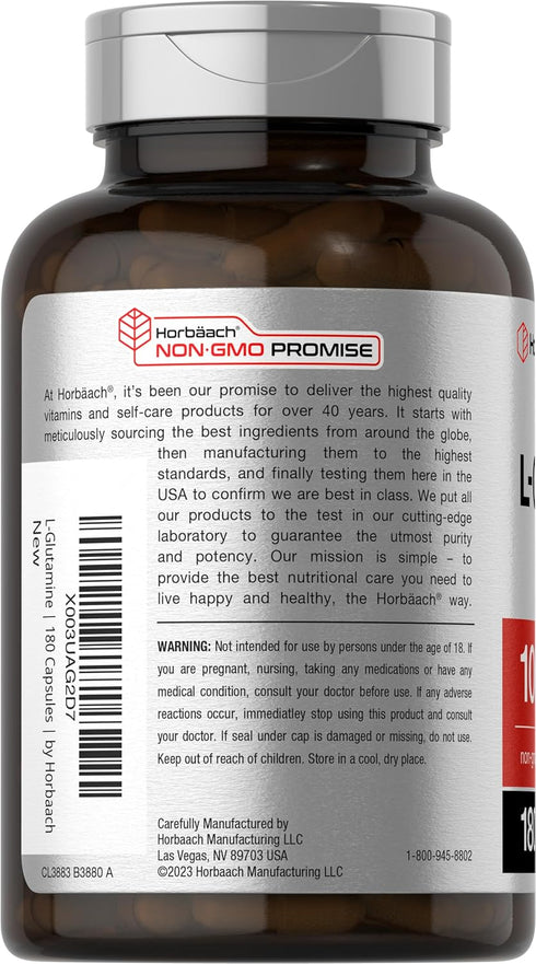 Horbaach L Glutamine Capsules 1000mg | 180 Count | Non-GMO, Gluten Free | Pre and Post Workout Supplement