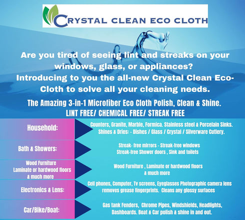 Crystal Clean Eco-Cloth, Lint-Free Microfiber Cloth for Windows, Glass, Stainless Steel, 5 Pack, White, 16''x16''