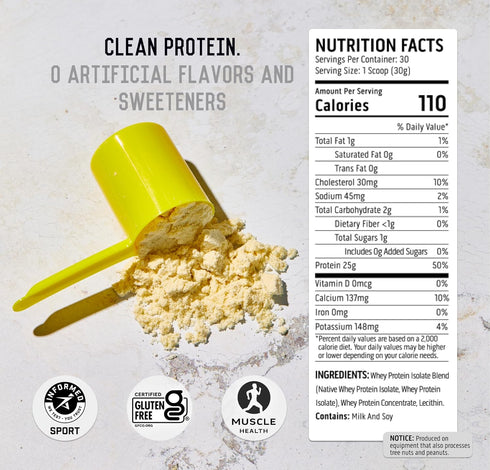 Ascent 100% Whey Protein Powder, Unflavored, 2 lb, Post Workout Whey Protein Isolate, Gluten Free