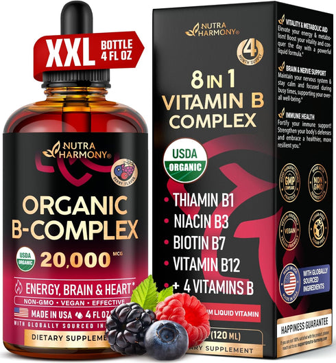 USDA Organic Vitamin B-Complex - B5 Pantothenic Acid, B12 Methylcobalamin, B1 Thiamine, B6 Pyridoxine, B7 Biotin, B9