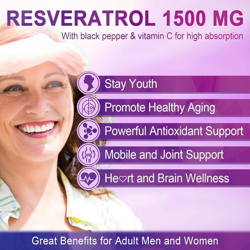 Resveratrol Gummies 1500mg, Supplement with Quercetin, Grape Seed, Red Wine, Vegan, Natural Grape Flavor, 60Ct