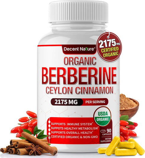 Organic Berberine with Ceylon Cinnamon 2175mg - Premium USDA Organic Supplement, Non-GMO Vegan, 90 Capsules
