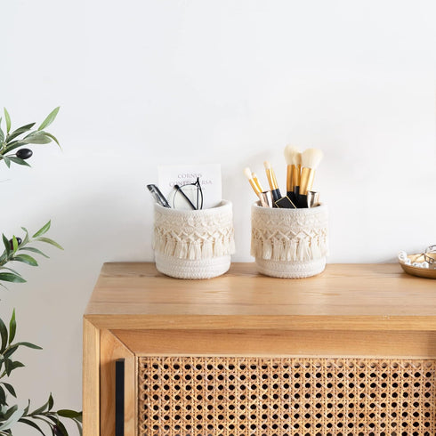 Mkono Macrame Makeup Brush Holder Organizer, Set of 2 Boho Decor Baskets for Pen Pencil Box Container, Ivory
