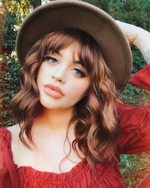 Short Curly Wigs with Bangs for Women, 14 Inches Wavy Bob Wig, Synthetic Heat Resistant Fiber Wigs (27-30)
