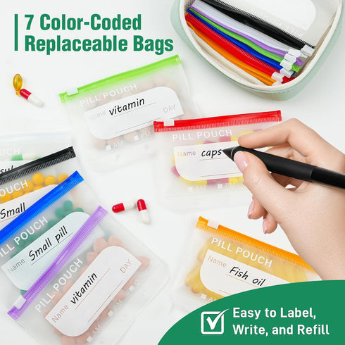 Toollygozz A8 Set, 14 Waterproof Pill Pouch Large Weekly Pill Organizer with Color-Coded Medicine Pouches, Reusable