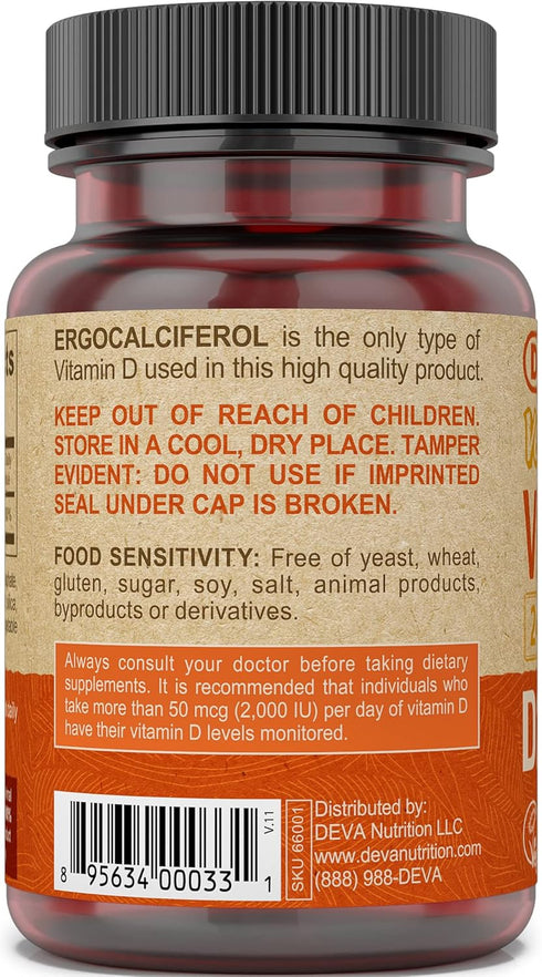 DEVA Vegan Vitamin D2 60 mcg 2400 IU, Ergocalciferol Supplement, 90 Tablets