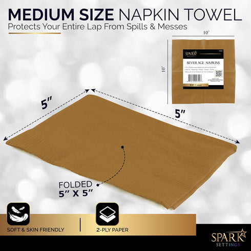 Amcrate 100 Pack Gold Beverage Napkins, 2 Ply, Ideal for Wedding, Party, Birthday, Dinner, Lunch, Cocktails (5” x 5”)