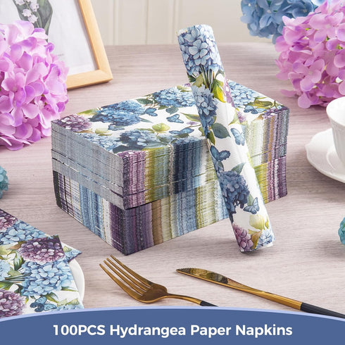 Homlouue 100PCS Watercolor Hydrangea Floral Napkins, 3 Ply Disposable Guest Towels for Spring Summer Fall