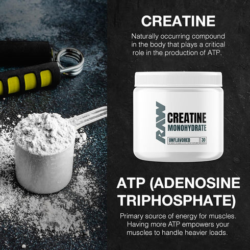 RAW Nutrition Creatine Monohydrate Powder - Unflavored (30 Servings) for Workout Performance, Muscle & Strength Building