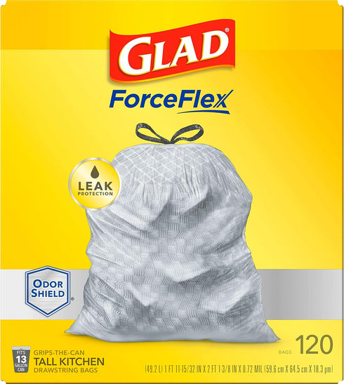 Glad ForceFlex Tall Kitchen Drawstring Garbage Bags, 13 Gallon White Trash Bag, Odor Shield, 120 Count