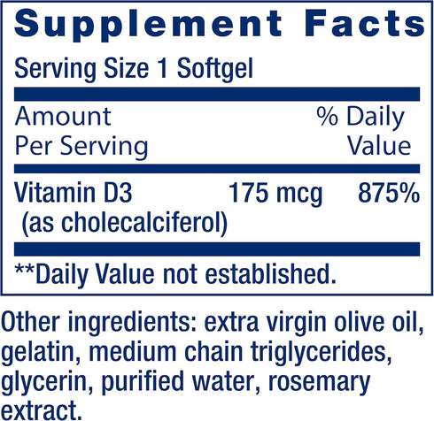 Life Extension Vitamin D3 175 mcg (7000 IU), 60 Softgels, Immune System Support, Bone Health, Brain Performance,
