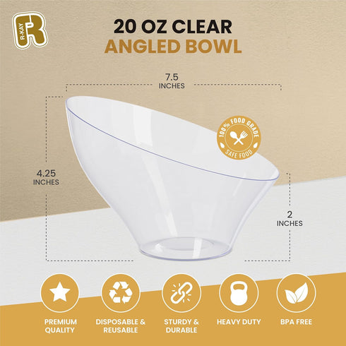R-kay 6 Pack Angled Plastic Serving Bowls, Clear 20 Oz Disposable Bowls for Weddings, Catering, Birthday Parties