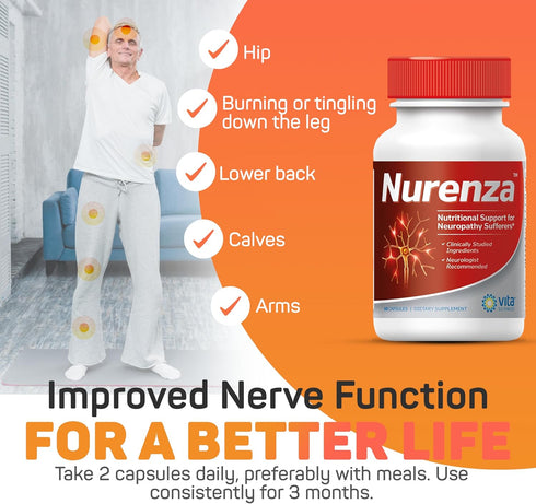 Vita Sciences Nurenza Neuropathy Supplement for Nerve Health, 60 Ct, Natural R-ALA with Vitamins & Antioxidants