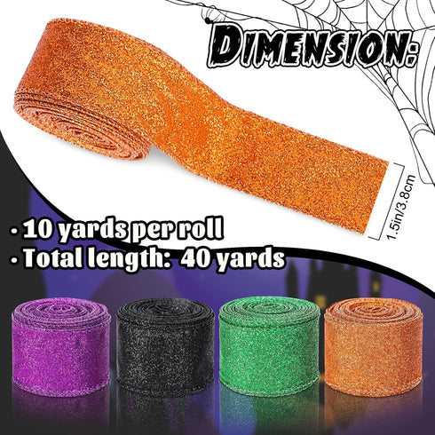 Whaline 40 Yards Halloween Glitter Wired Ribbon Green Orange Purple Black Gift Wrapping Ribbon Halloween Decorative Ribbon for Crafts Bow Wreath Gift Wrapping Halloween Party Decor, 4 Rolls