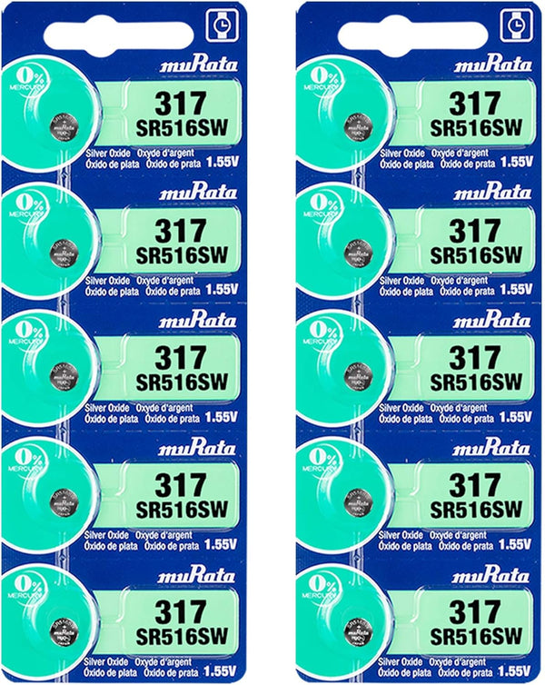 Murata 317 Battery SR516SW 1.55V Silver Oxide Watch Button Cell (10 Batteries)